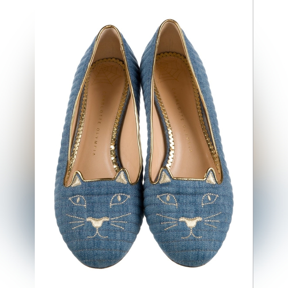 Charlotte Olympia Denim Embroidered Accent Ballet Flats